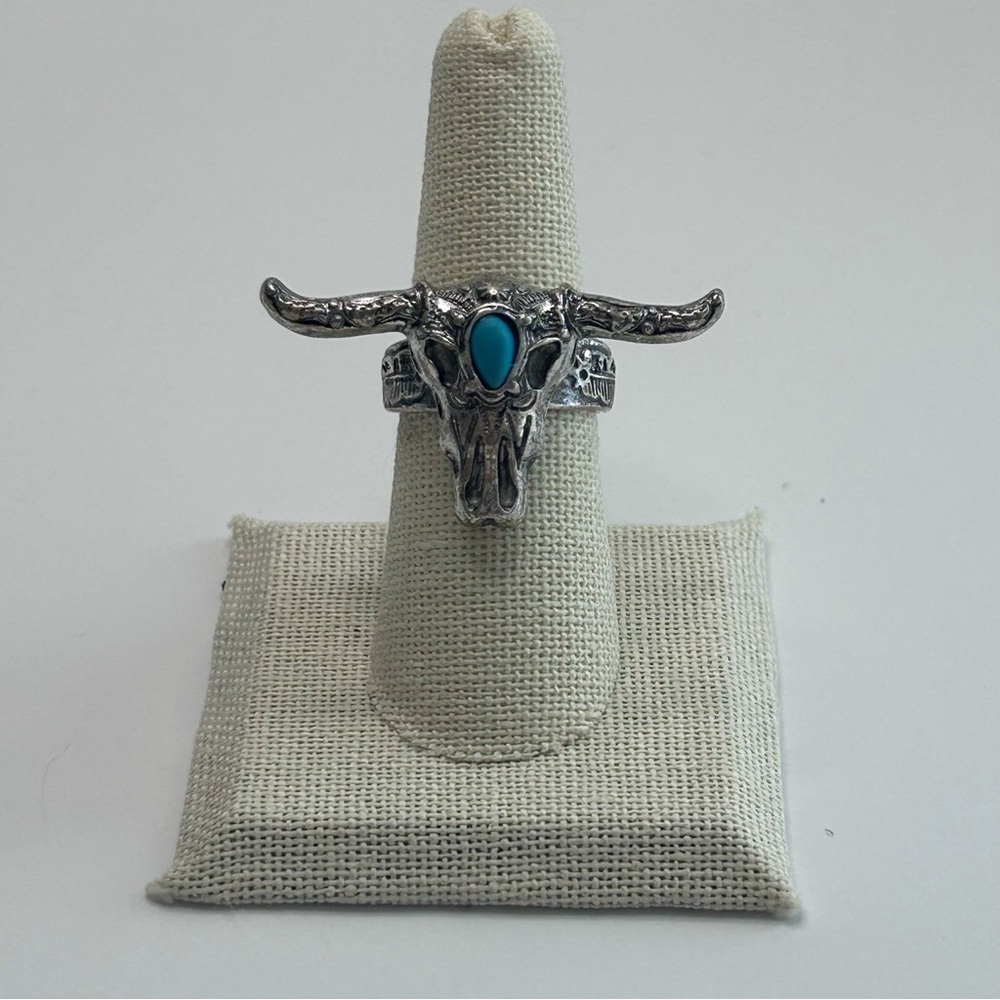Texas Longhorn Skull Ring Turquoise Stone 7 Western Bohemian Style Silver